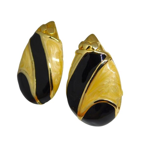 Clip-On Earrings Cream Black Enamel Teardrop Retro Gold Tone Statement Jewelry - Picture 2 of 5